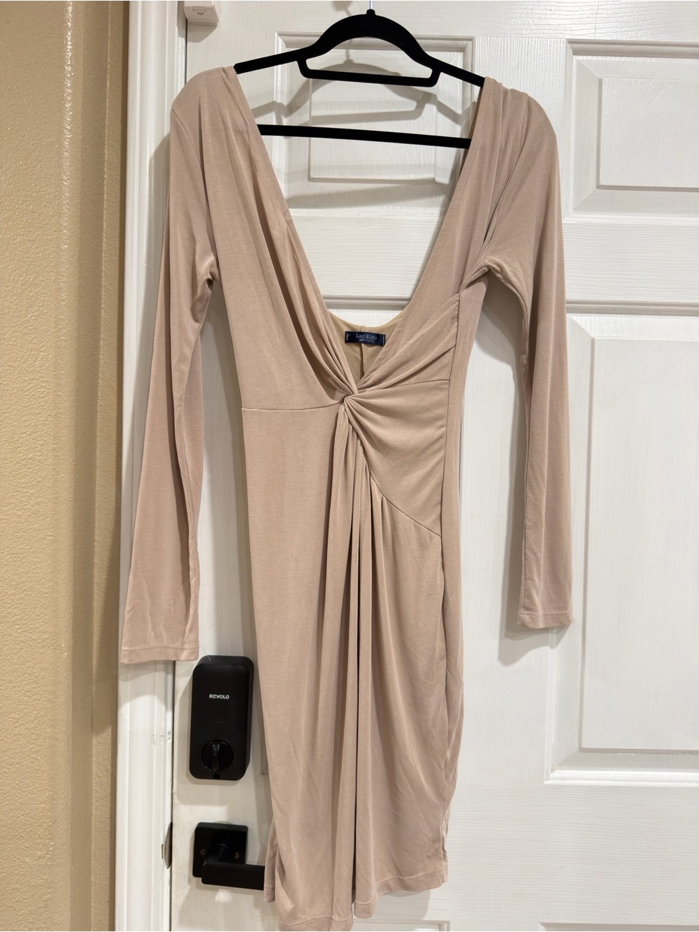 Beige Twist-Front Long Sleeve Midi Dress